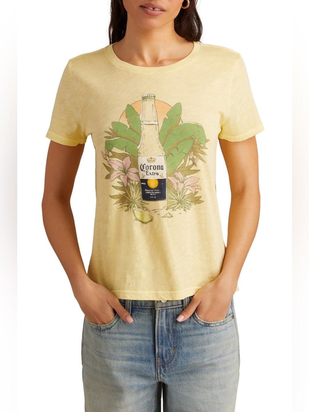 Lucky Brand Corona Graphic Tee Cotton Short Sleeve Yellow XL